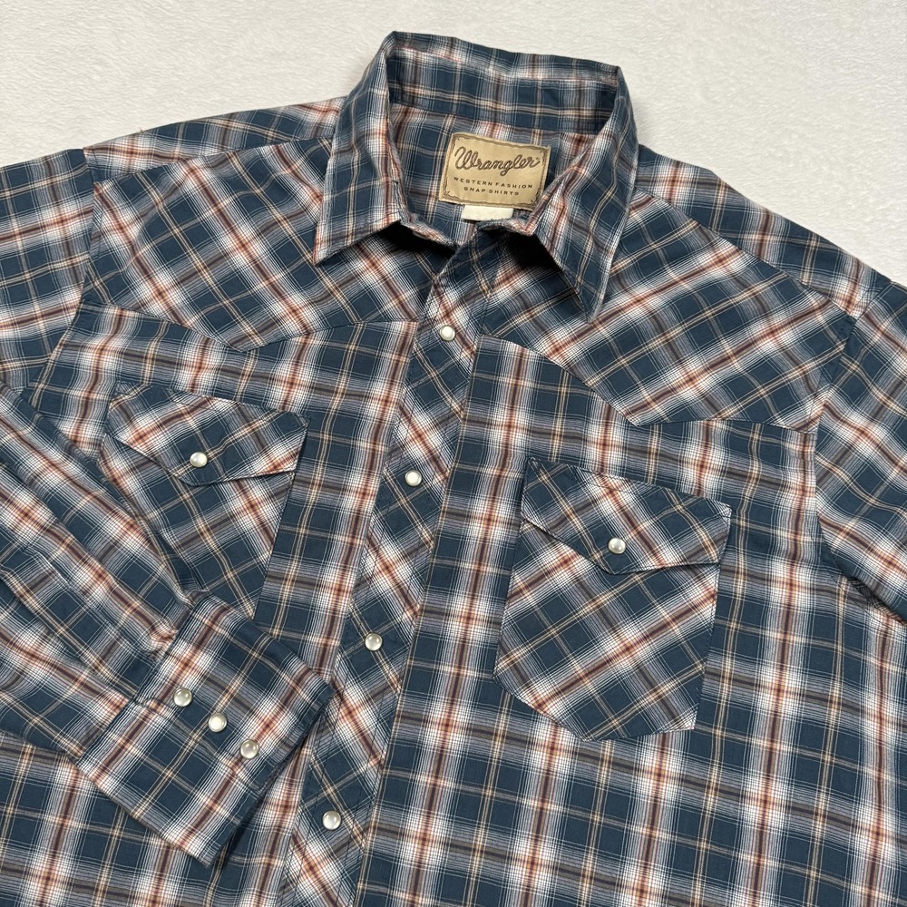 Wrangler Shirt Mens Large Blue Plaid Western Pearl Snap Long Sleeve Cowboy Rodeo